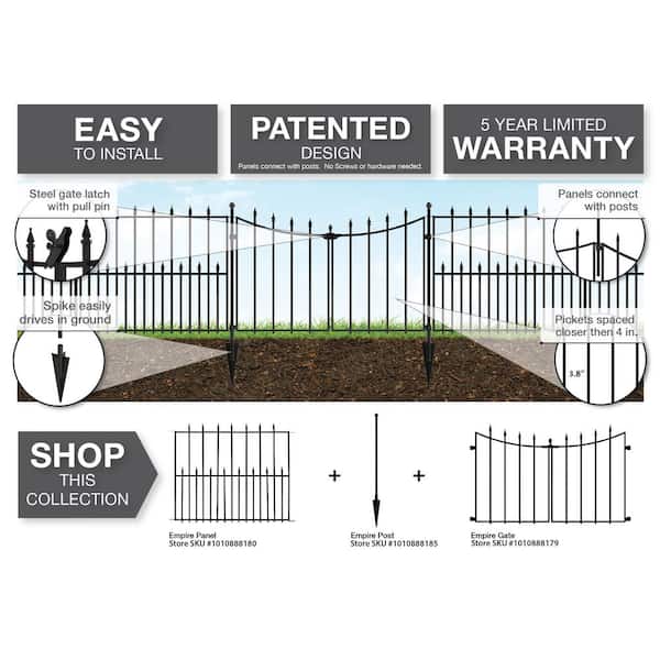 Vigoro Empire 29 in. H x 36 in. W Black Steel 3-Rail Fence Panel