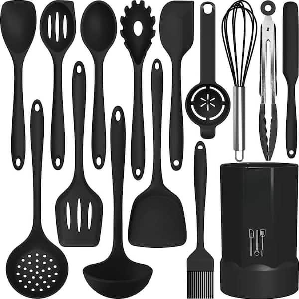 Silicone Cooking Utensils Set with Turner Tongs, Spatula, Spoon, Brush, and Whisk for Nonstick Cookware, Black (1-Pack)
