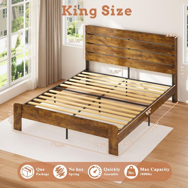 Rustic Brown MDF Plus Steel Frame King Platform Bed, Bed Frame with Built-in Charging Station, LED Lights