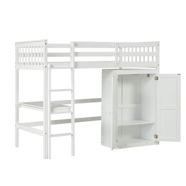 Qualler White Twin Size Loft Bed with Wardrobe and Built-in Desk