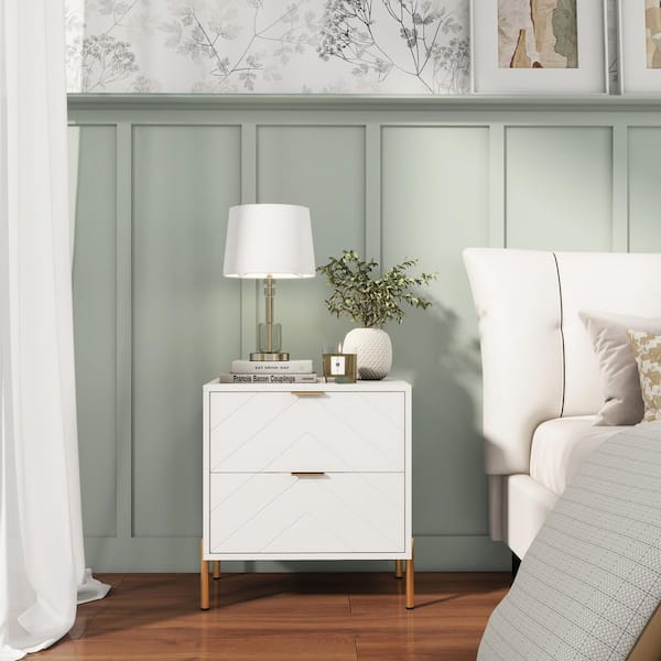 Clihome Modern White MDF 2-Drawer Nightstand with Chrome Legs and Smooth Gliding Drawers for Bedroom Storage
