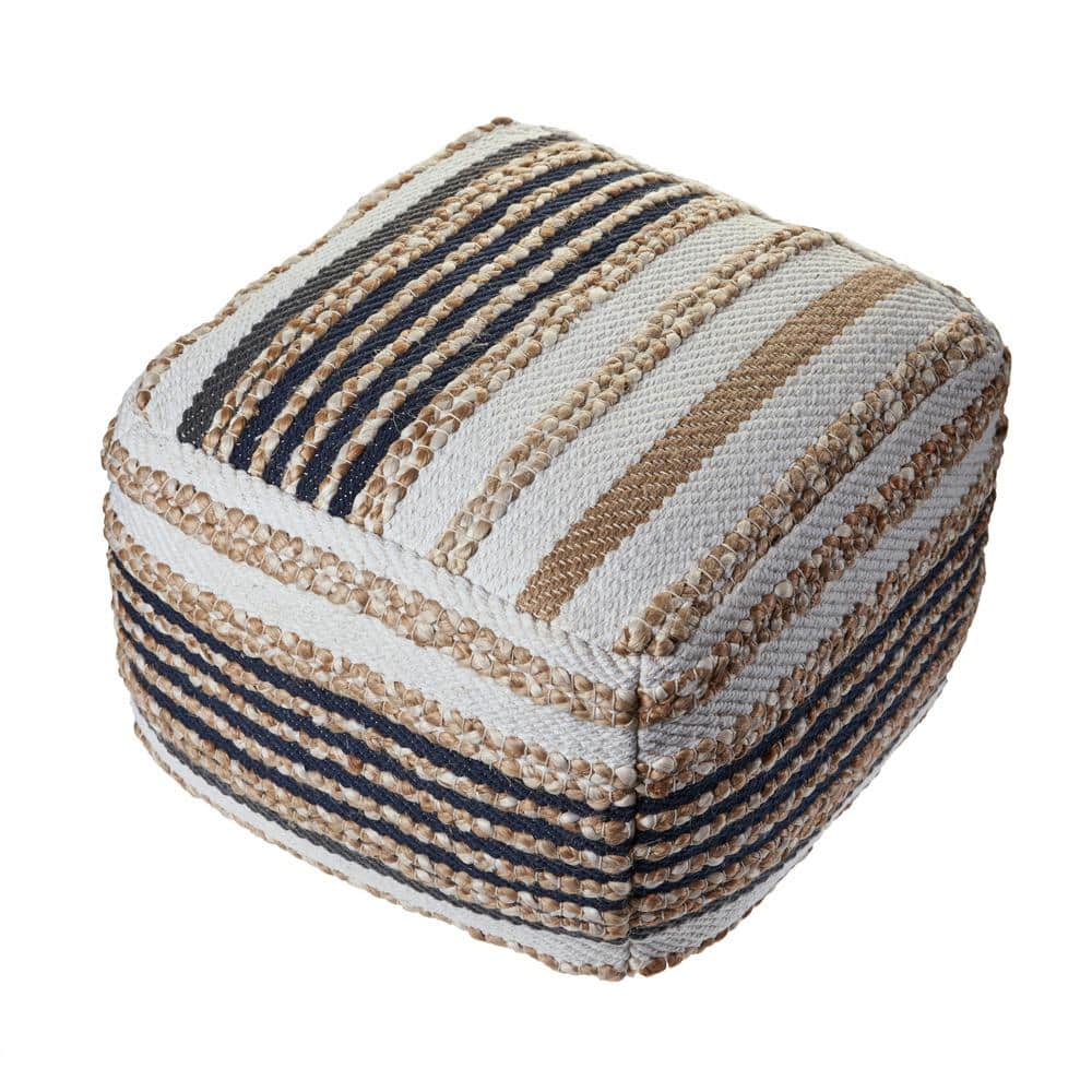 Cora Navy Geometric Hand-Woven Organic Jute Blend Ottoman Pouf