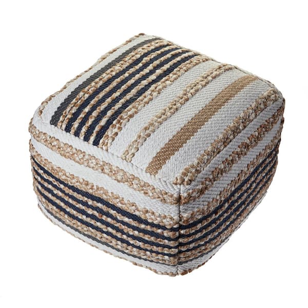 Unbranded Cora Navy Geometric Hand-Woven Organic Jute Blend Ottoman Pouf
