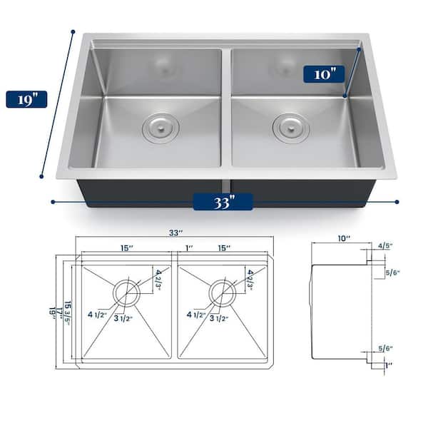 33 in. Undermount 50/50 Double Bowl 18-Gauge Stainless Steel