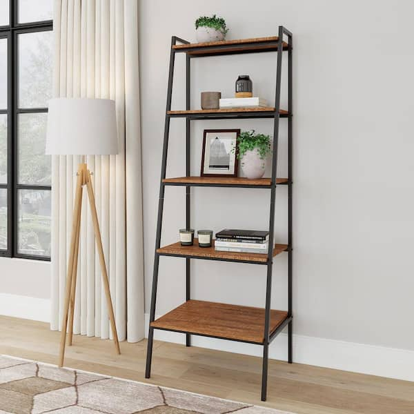 Modern Solid Wood 5-Tier Shelf Ladder Bookcase in Walnut