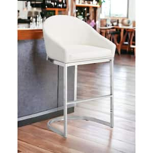 34.75 in. White Low Back Metal Bar Chair with Faux Leather Seat