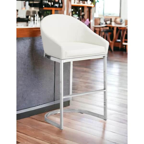HomeRoots 34.75 in. White Low Back Metal Bar Chair with Faux Leather Seat