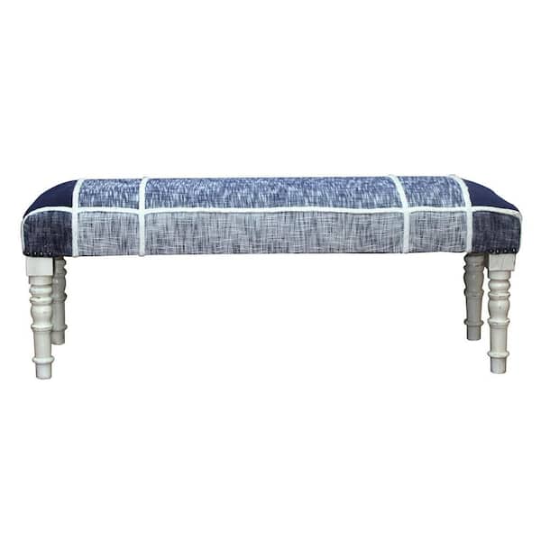 LR Home Jade Minimal 47 in. Navy Blue Cotton Checks Plaid Bench with White Legs