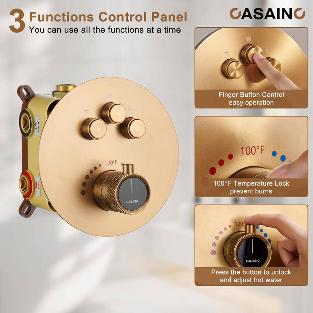 Brushed Gold Thermostatic Rainfall Shower System with Handheld