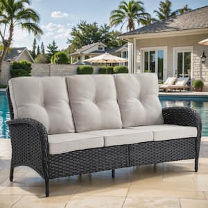 3-Seat Black PE Wicker Outdoor Couch with Beige Cushions and Flat Armrests