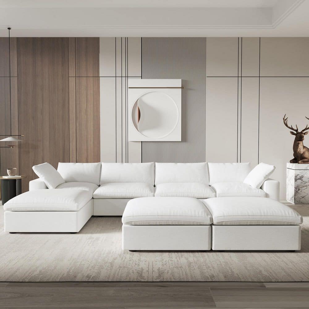 157.32 in. Square Arm Linen 7-Piece Free Combination Modular Sectional Sofa with Storage Ottomans in. White
