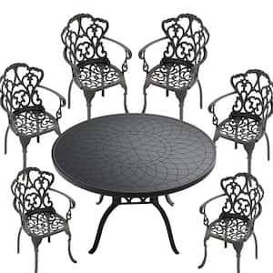 Black 7-Piece Cast Aluminum Outdoor Dining Set, Patio Furniture with 47.24 in. Round Table and Random Color Cushions