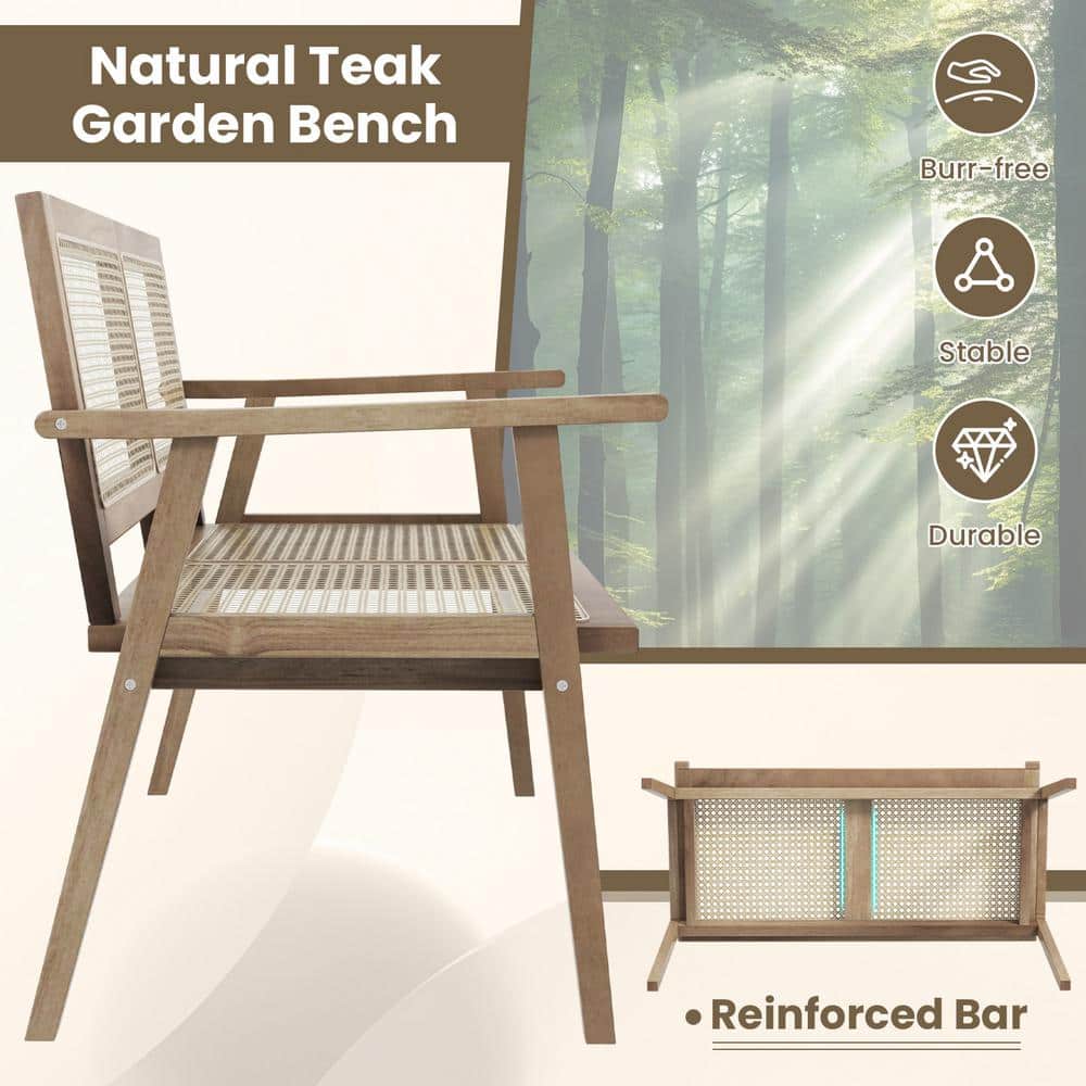 Natural Teak and Rattan 2-Person Outdoor Bench with Armrests