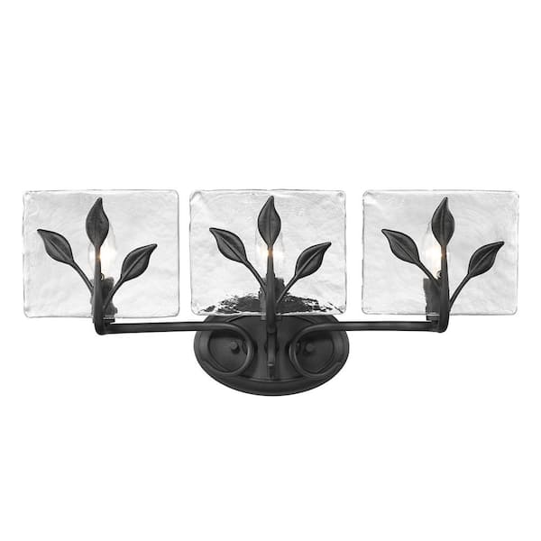 Golden Lighting Calla 7 in. 3-Light Black Vanity Light with Hammered Water Glass