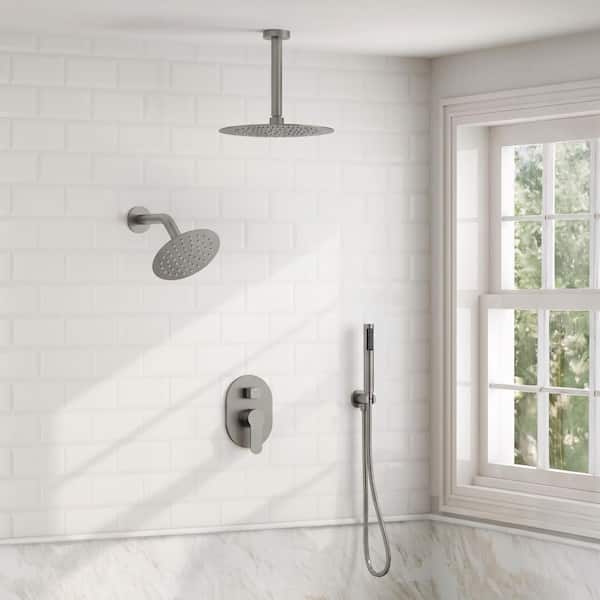 3-in-1 Dual Round Shower Heads Double Handle 3-Spray Tub and Shower Faucet 2.5 GPM in Brushed Nickel Valve Included