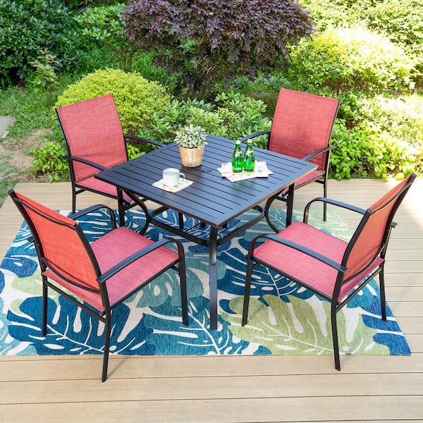 PHI VILLA Black 5-Piece Metal Slat Square Table Patio Outdoor Dining Set with Red Textilene Chairs