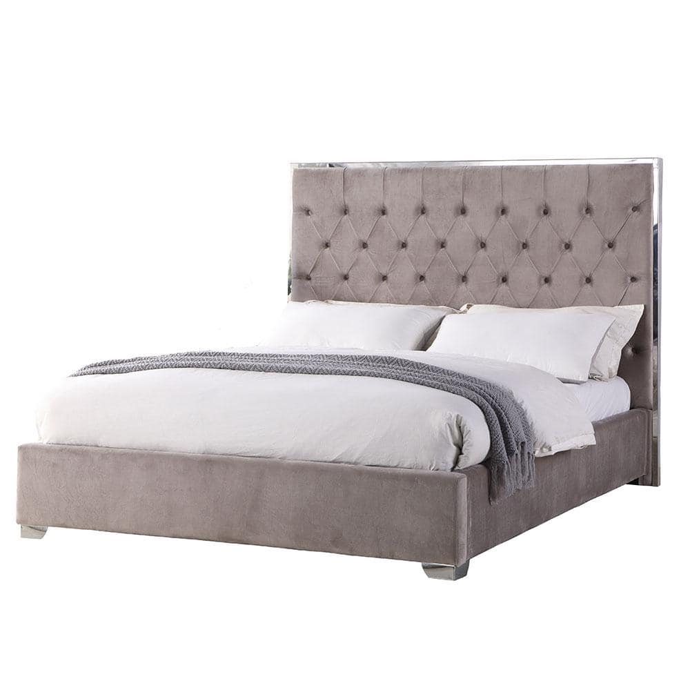 Elegant Queen Velvet Platform Bed with Tufted Headboard, Light Grey
