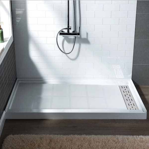 WOODBRIDGE Krasik 60 in. L x 32 in. W Alcove Solid Surface Shower Pan Base with Right Drain in White with Brushed Nickel Cover HSB4212 - The Home Depot