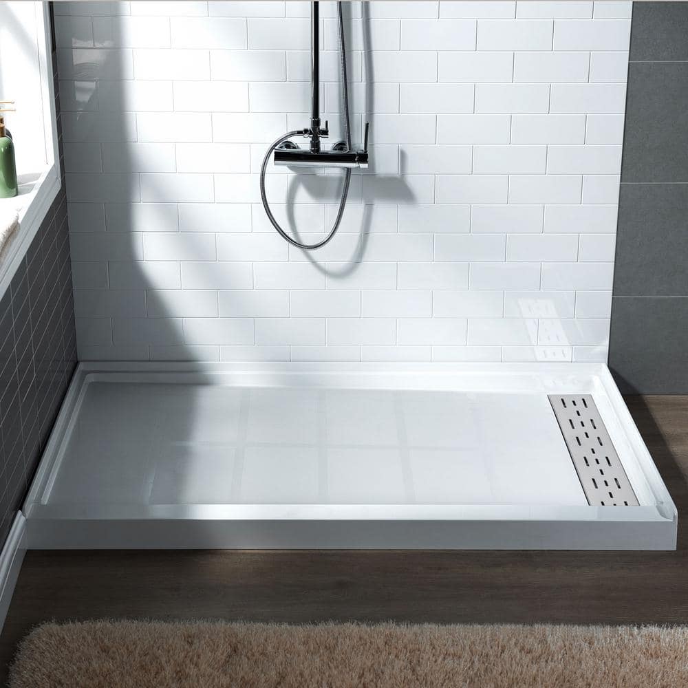60" White Rectangular Shower Pan with Brushed Nickel Drain Cover