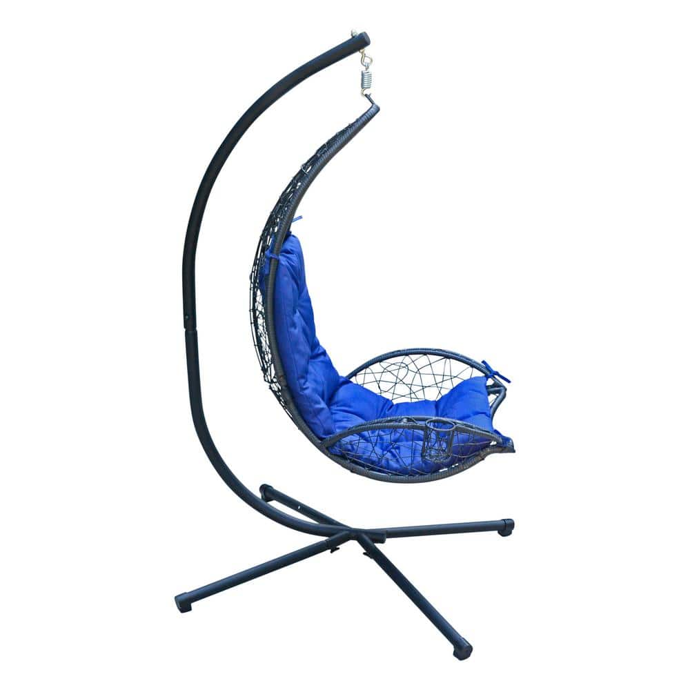Blue Cushioned Rattan Wicker Hanging Chair with Stand