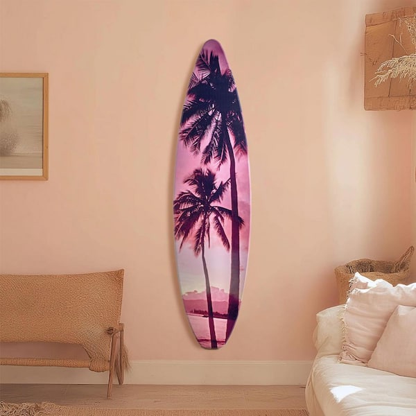 Surfboard 15 in. x 59.5 in. Pinks, Black Palm Tree Sunset-Vice City Beach Shore Decor by AAD MDF Wall Art