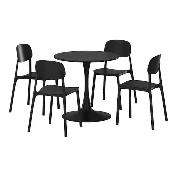 Frond and Form Outdoor Patio Modern 5-Piece Round HDPE Plastic Dining Table Set with Stackable Chairs, Black