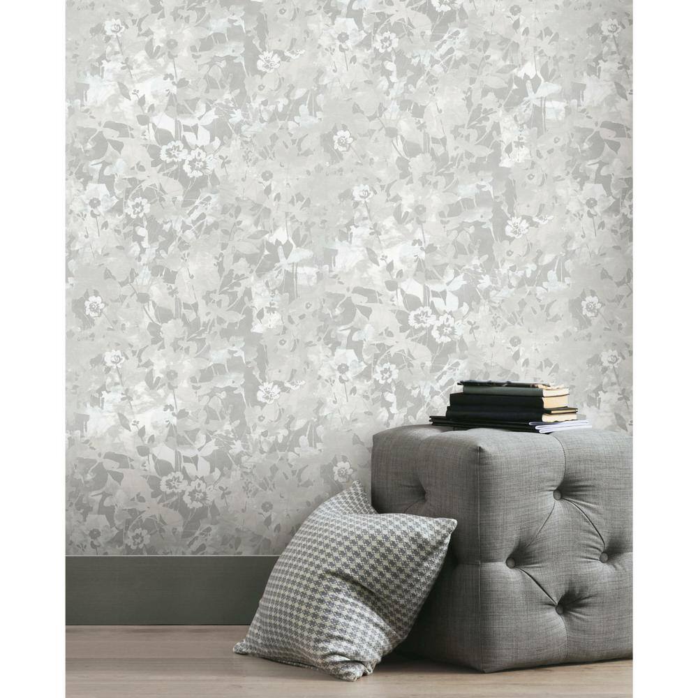 Grey and White Floral Self-Adhesive Peel and Stick Wallpaper Roll