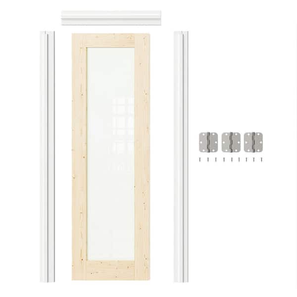 24 in. x 80 in. Pine Wood Color Prehung Interior Door Right-Handed Frosted Glass MDF with Door Jamb and Hardware Kit