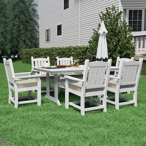 White 7-Piece Plastic Retangular Outdoor Dining Set with Armrests and Beige Cushions