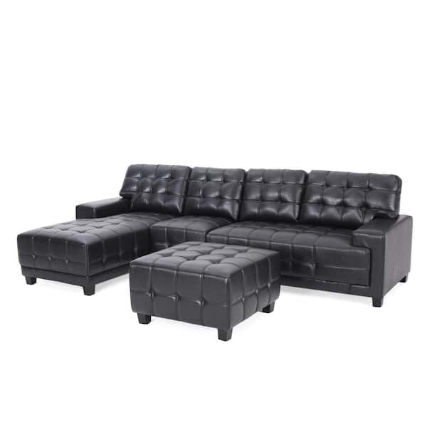Noble House Berkamn 111 in. W 4-Piece Faux Leather Sectional and Chaise Lounge Sectional Set in Midnight Black