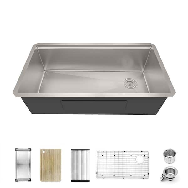 304 Stainless Steel 16-Gauge 32 in. Single Bowl Undermount Workstation Kitchen Sink with Accessories