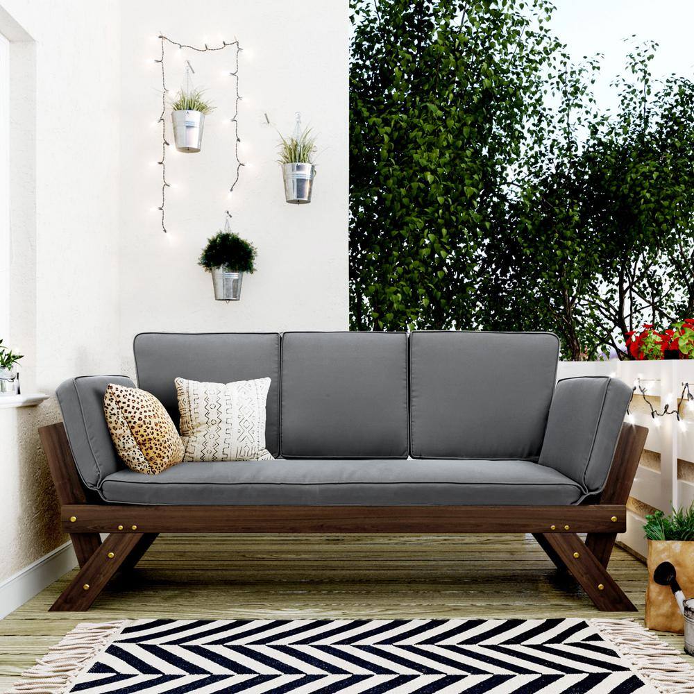 Brown Wood Outdoor Adjustable Patio Day Bed Sofa Chaise Lounge with Gray Cu