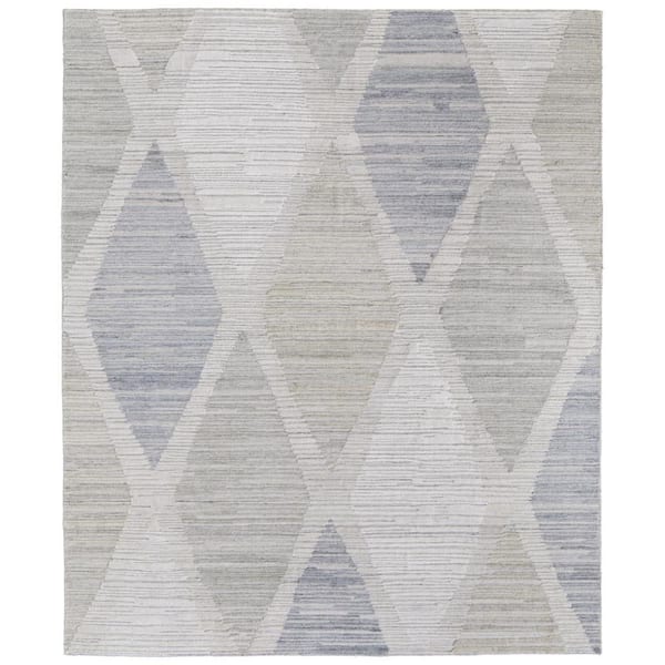 HomeRoots 2 ft. x 15 ft. Ivory, Blue Geometric Area Rug