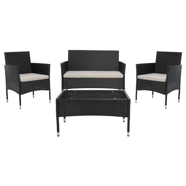 SAFAVIEH Abdul Black 4-Piece Wicker Patio Conversation Set with Light Gray Cushions