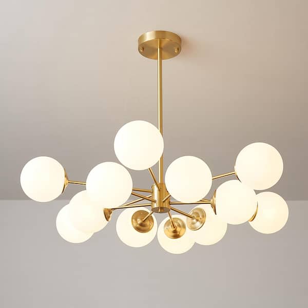 CEDER 12-Light Metal Brass Branch Modern Chandelier with Globle Opal Glass Shades