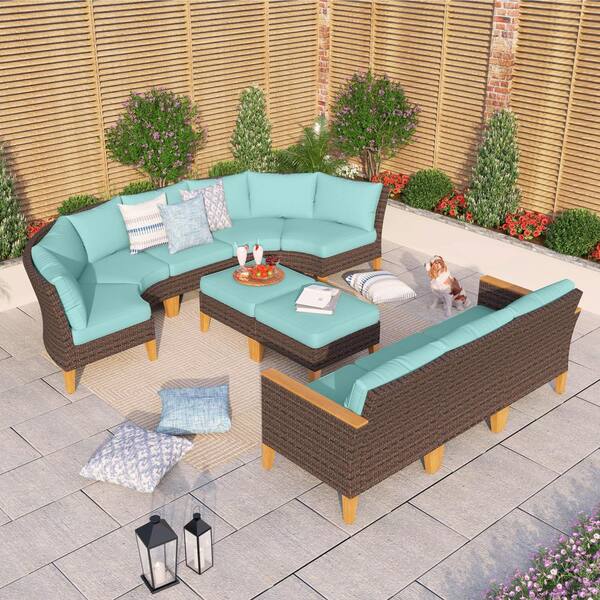 PHI VILLA Brown Rattan Wicker 10 Seat 10-Piece Steel Outdoor Patio Conversation Set with Blue Cushions