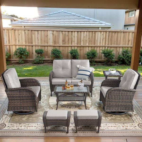 Opohoro Brown 7-Piece Wicker Patio Conversation Set with Swivel Rockers, Outdoor Loveseat Seating Set with Beige Cushions