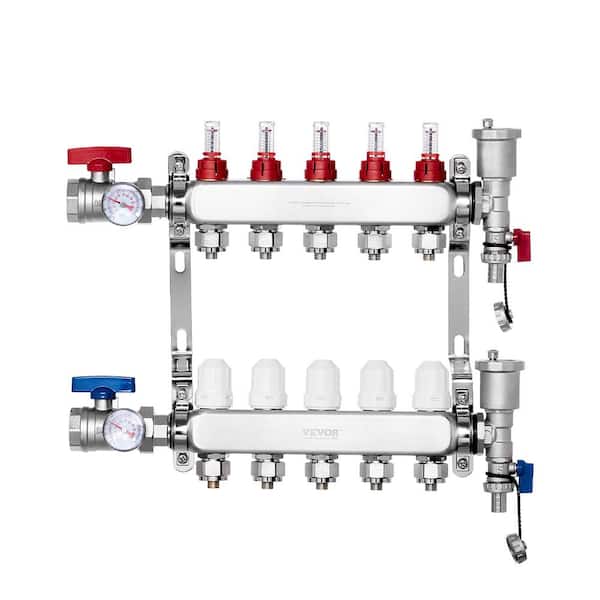 VEVOR 5-Branch Radiant Heat Manifold,1/2 in. PEX Tubing Manifold, Stainless Steel PEX Manifold, Radiant Heat PEX Manifold Kit
