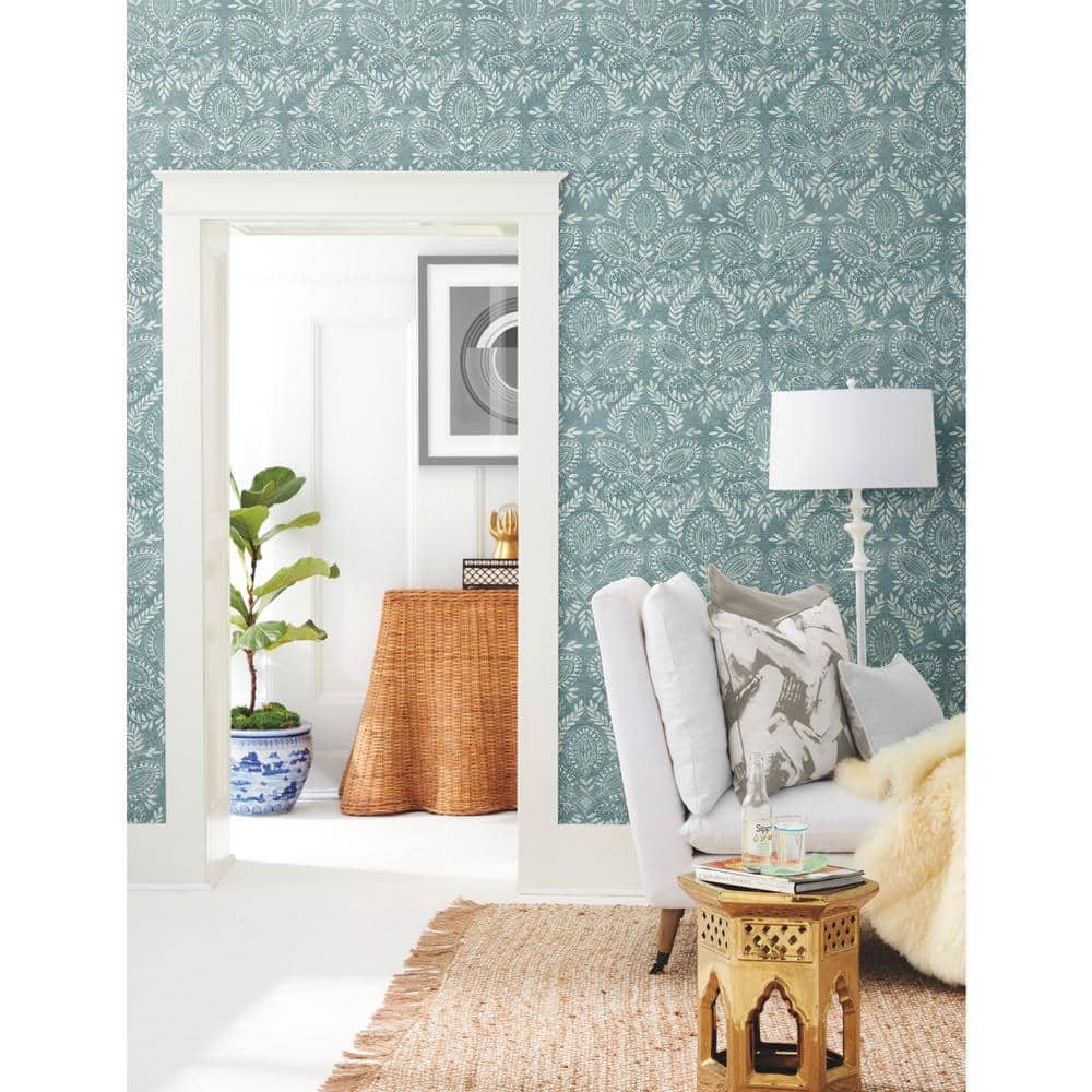 Teal Damask Nonwoven Removable Wallpaper Roll