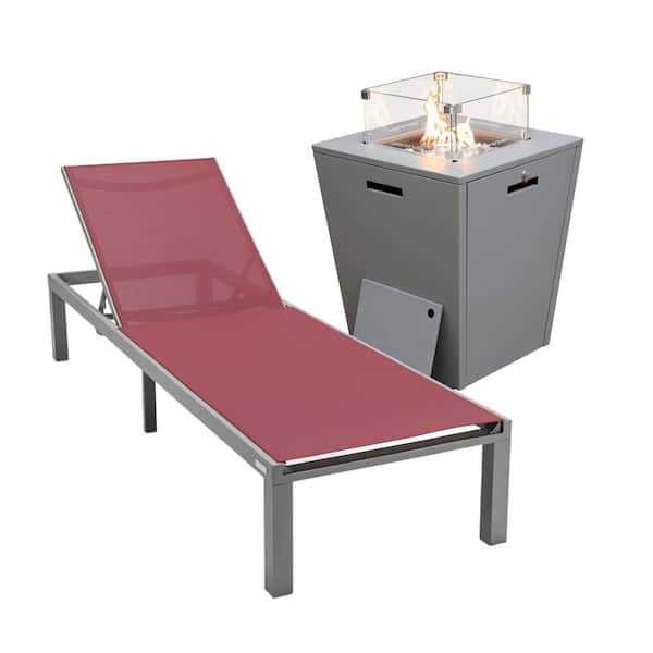 Leisuremod Marlin Modern Grey Aluminum Outdoor Patio Chaise Lounge Chair with Square Fire Pit Table, Burgundy
