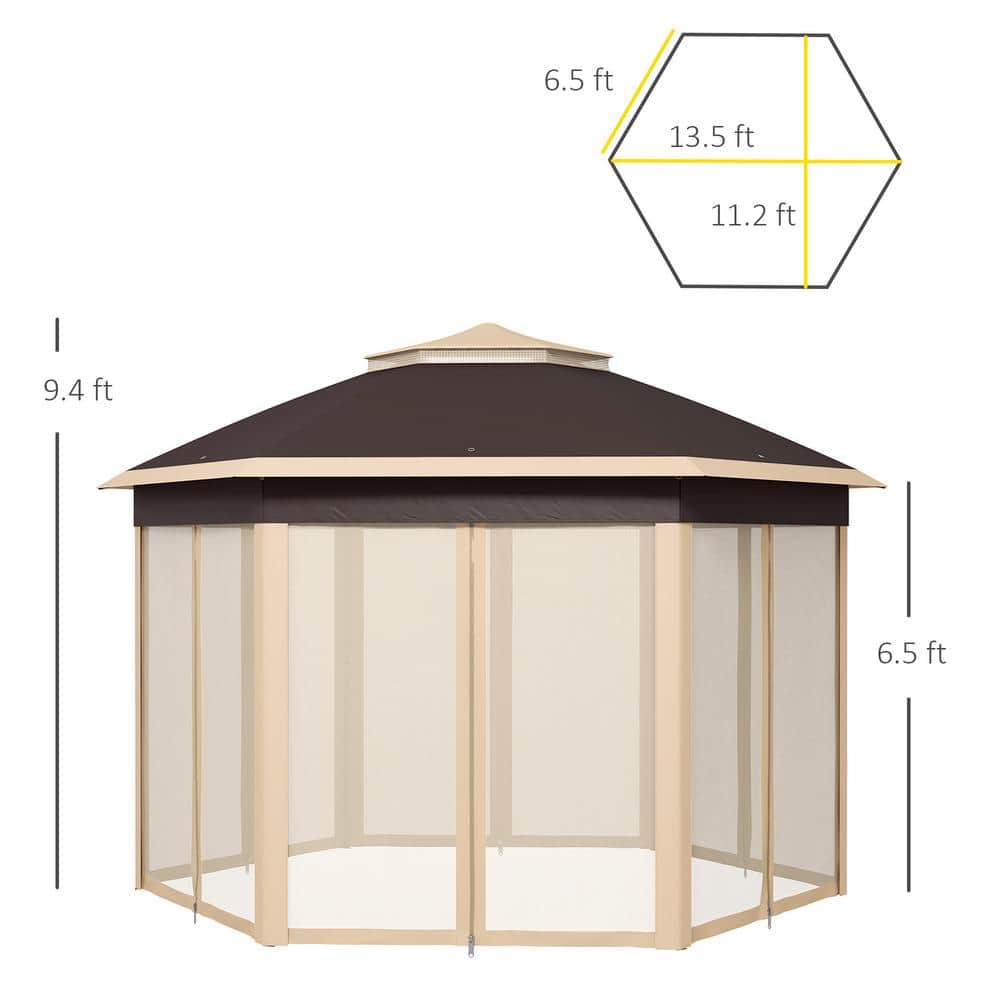 Beige Hexagonal Pop-Up Gazebo with Mesh Netting and Steel Frame