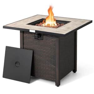 30 in. Outdoor Square Propane Gas Fire Pit Table with Ceramic Tabletop and Table Cover