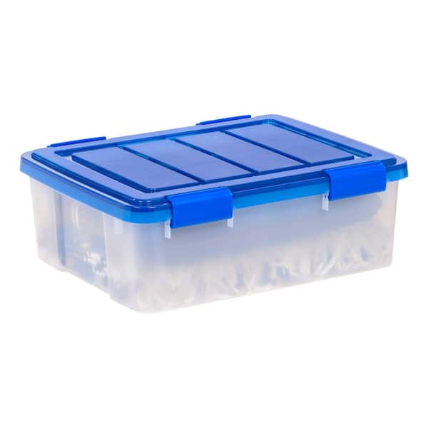 26.5 Qt./6.6 Gal. Clear Plastic Storage Boxes with Blue Lid