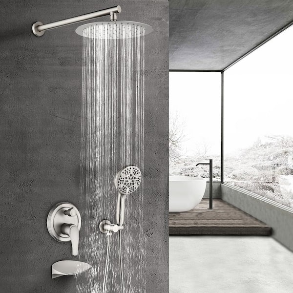 Single-Handle 1-Spray Tub and Shower Faucet 2.5 GPM with 10 in. Shower Head in Brushed Nickel (Valve Included)