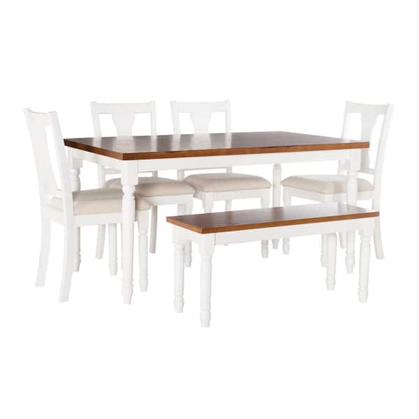 Angie 6-Piece Rectangle Vanilla White and Honey Brown Wood Top Dining Room Set Seats 6