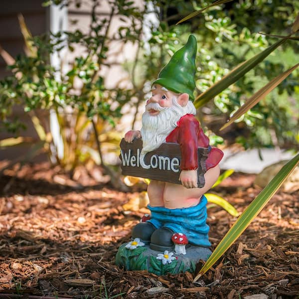 22 in. Tall Outdoor Garden Gnome with Pants Down Yard Statue Decoration, Multicolor