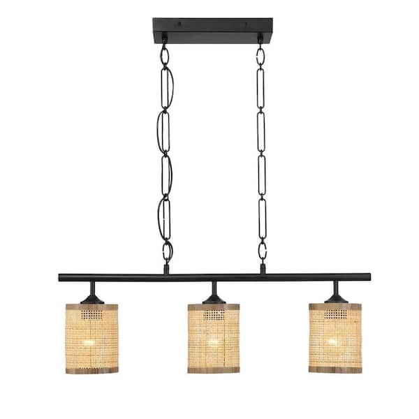 3-Light Black Drum, Shaded Pendant Light with Fabric Shade No Bulbs Included