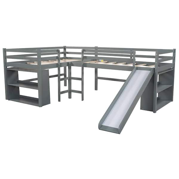 Angel Sar Gray Wood L-Shaped Twin Size Low Loft Beds with Slide and Two Movable 2-Tier Shelves, Save Space Design