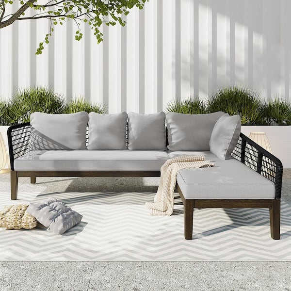 Sungrd Modern 5-Person Wood Outdoor Seating Group Rope Waved Patio Sofa Sectional Set with Gray Cushions