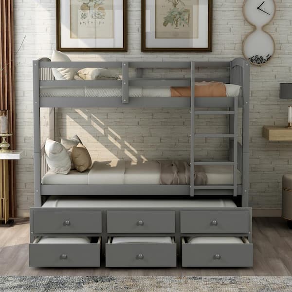 ANBAZAR Gray Twin Over Twin Bunk Bed with Trundle and Three Drawers ...